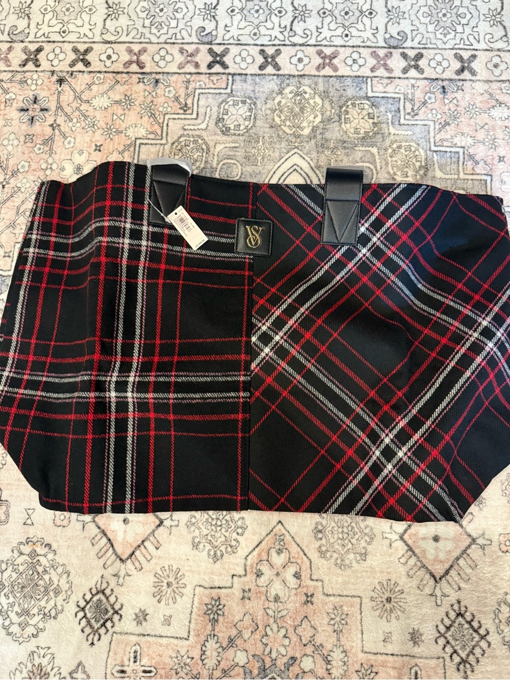 Victoria's Secret Black Tote with Red & Gray Plaid